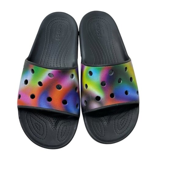 Crocs Slide Sandals Solarized Black Colorful Graphic Slides Men’s 11 Multicolor - Picture 1 of 5